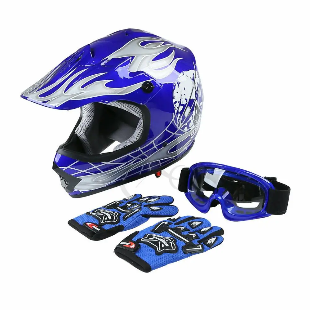 Dot Youth Kids Blue Dirt Bike Helmet Motocross Quards ATV Helmet Goggles+Gloves capacete moto  Boys Gifts full face kask