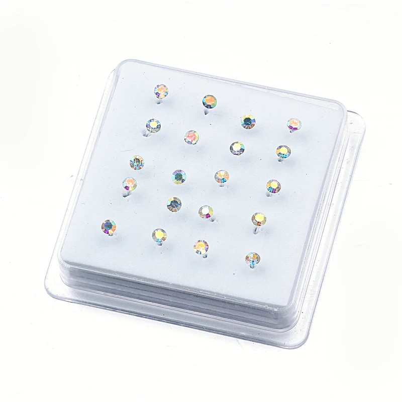 1set 20 Pcs 925 Silver Ball Pin Nose Stud With 3MM Multicolor Crystal Nose Piercing Body Jewelry Round Shape Pin Body Jewelry