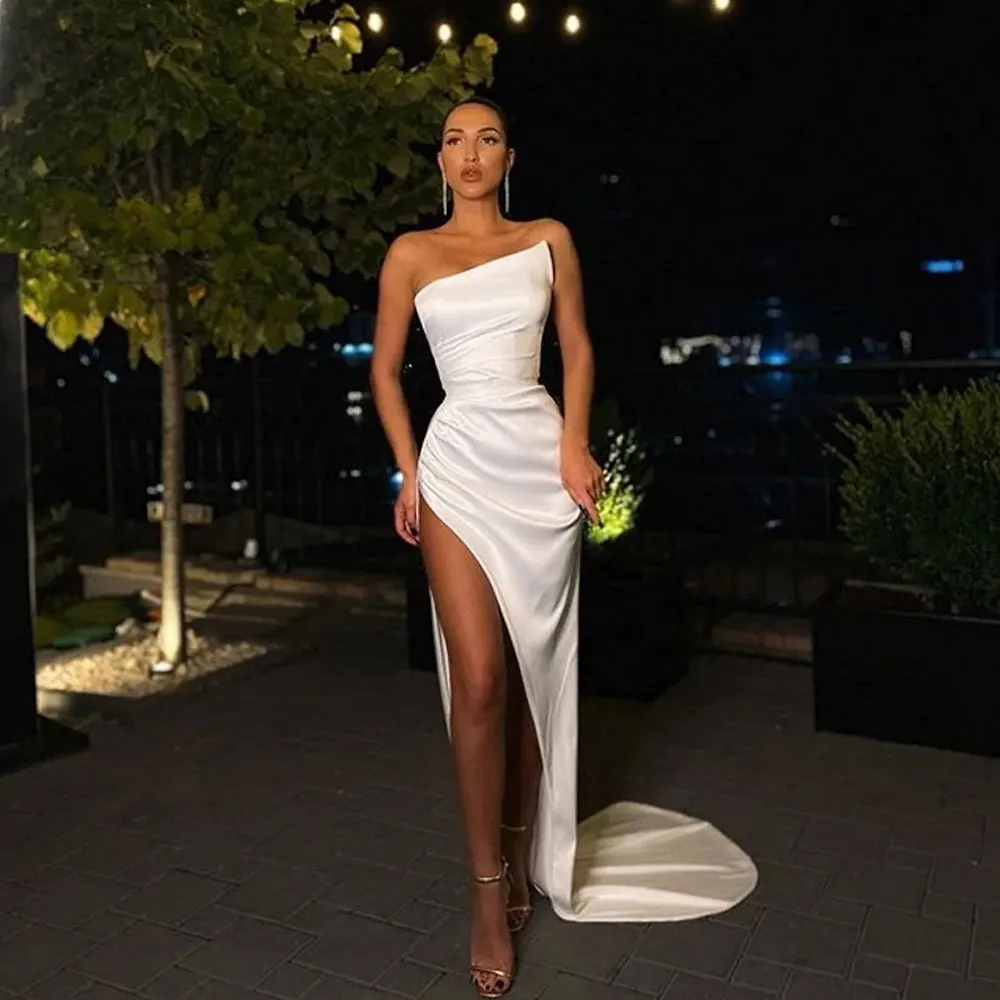 Ivory Party Gowns Sheath Strapless Floor length Front/Side Slit Evening Dresses Sweep/Brush Sleeveless Fold\Ruffle  