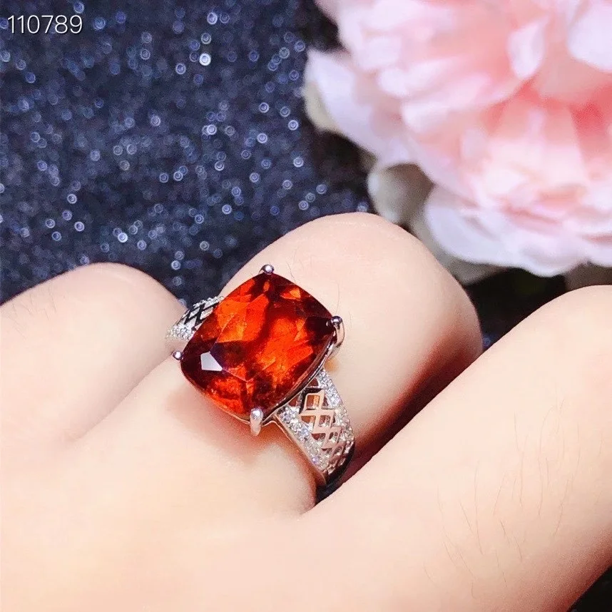 Rectangle Style Fashion Woman Wedding Ring 100% Vivid Orange Natural And Real Garnet Ring 925 sterling silver Fine jewelry