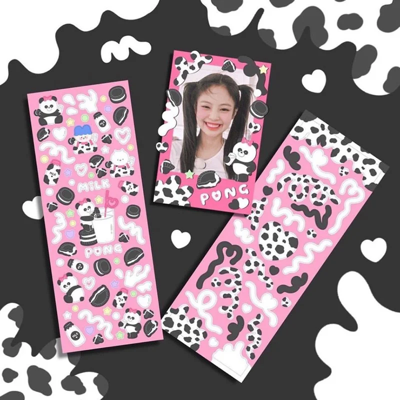 2 Sheets Kawaii Pink Panda Laser Stickers Cute Cow Pattern Poker Letter Phone Album Decoration Flash Stickers Diary DIY Material