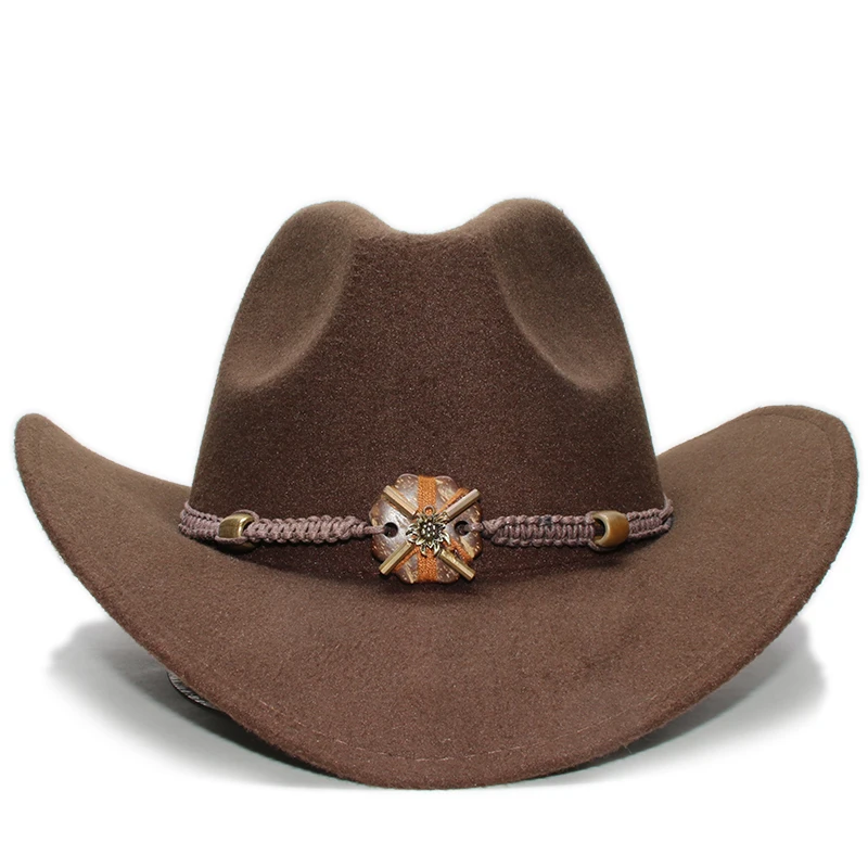 Vintage Parent-child Women Men /Kid Child Wool Wide Brim Cowboy Western Hat Cowgirl Cap Wood Knitted Bead Band (61cm/57cm/54cm