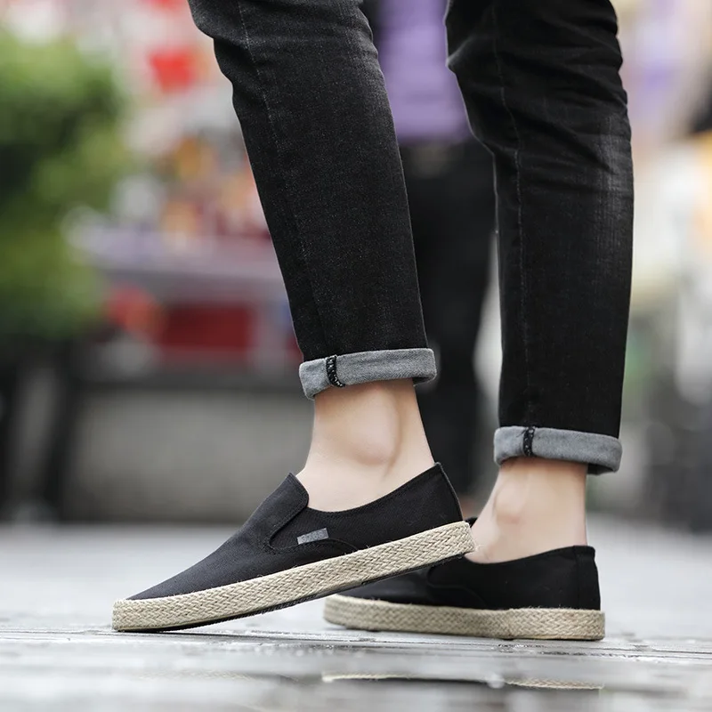 2021 New Men's Casual Shoes Spring and Autumn Flat Bottom Moccasin Low Slip Canvas Light Rope Deodorant Casual Driving Shoes