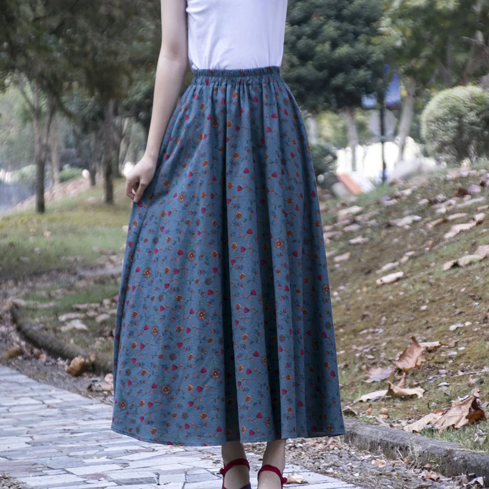 

TIYIHAILEY Long Maxi Skirts A-line Elastic Waist Women Cotton And Linen Print Spring Autumn Skirts 2024 New Fashion