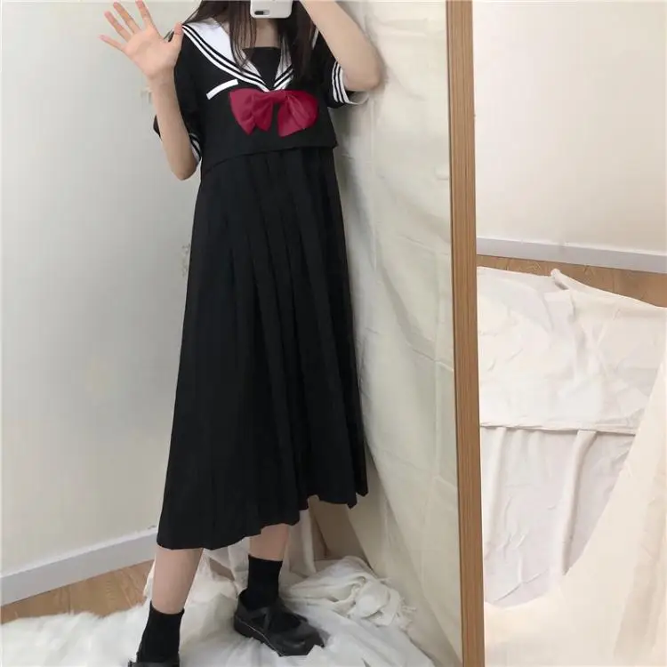 Japanese College Sailor Collar Long-Sleeved Dress Sweet Cute Bow Midi Loose Skirt Women's Summer  school girl uniform