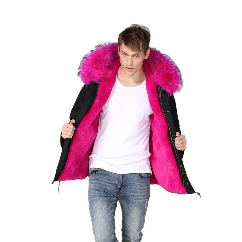 

Rose Pink Black Cotton Mini Parka, Fashion Mens Casual Wear Thickness Fur Lined XS-4XL