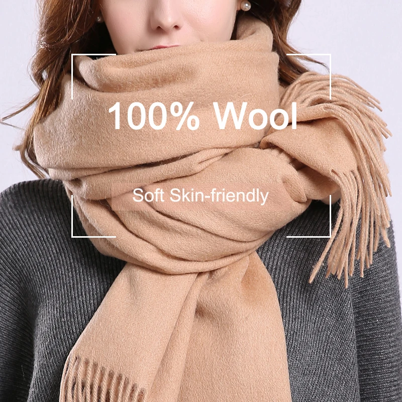 100% Real Wool Scarf Women Camel Warm Tassels Shawls for Ladies Winter Pashmina Echarpe Cashmere Scarves Larger Foulard Femme