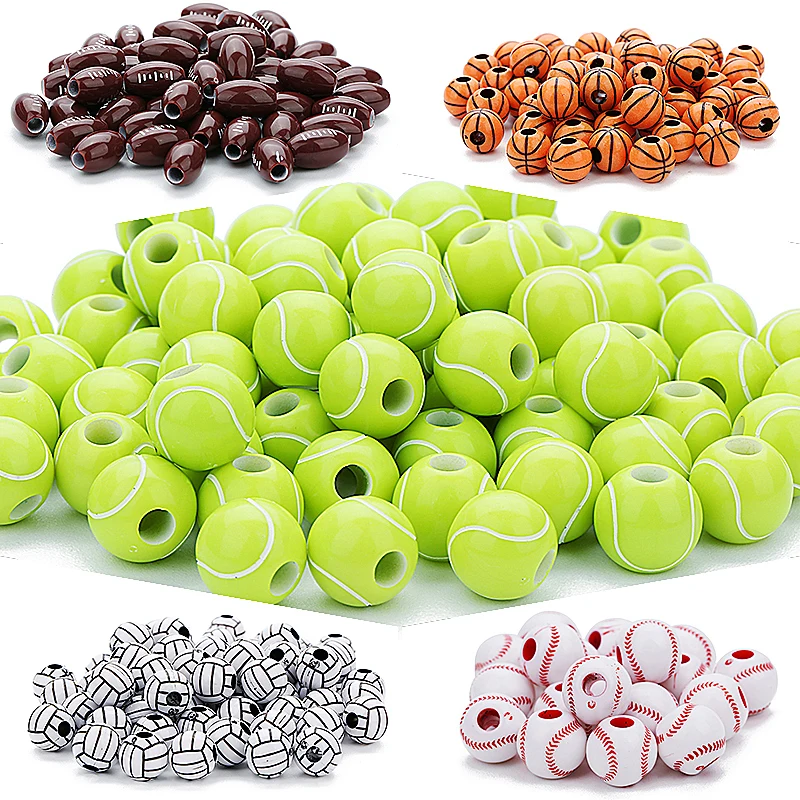 50pcs/lot 12mm Acrylic Beads Basketball Tennis Rugby Volleyball Spacer Beads for DIY Bracelets Jewelry Making Wholesale Sporty