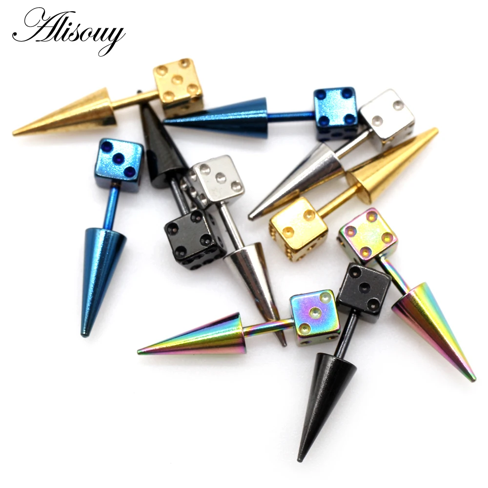 Alisouy 2pcs Fashion Punk Gothic Dice Spike Cone Square Stainless Steel Ear Stud Earrings Male Men women Piercing Jewelry Gift view 3