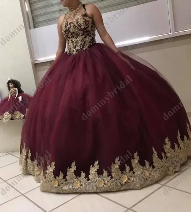 Vestidos de quinceañera con diamantes de imitación dorados Vintage, vestidos de quinceañera baratos, flores florales 3D, encaje de tul para fiesta de regreso a casa, vestido de graduación 15