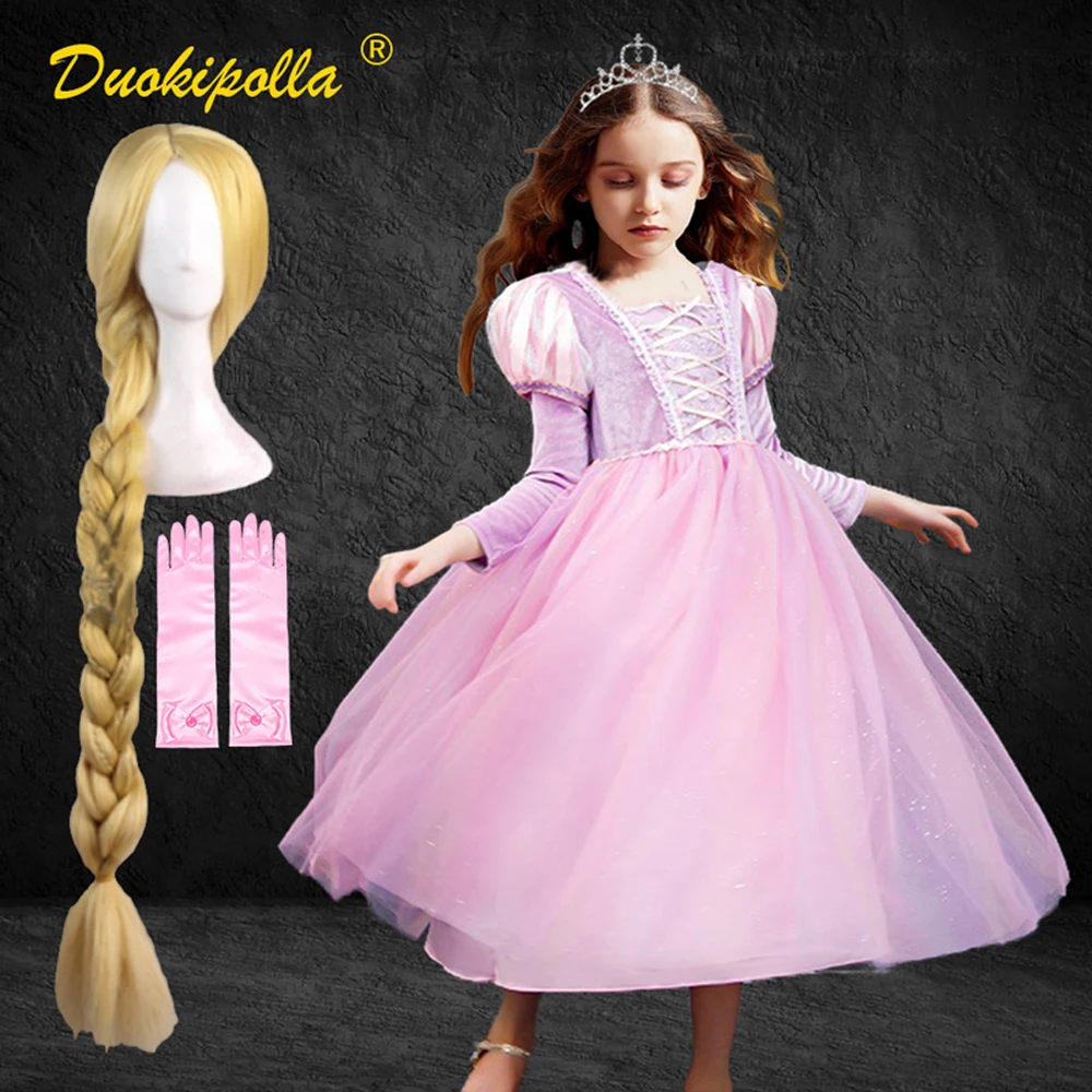 Vestido de Rapunzel para niñas, disfraz de Halloween enredado, cumpleaños, manga larga, tutú rosa, Estilo Vintage, Princesa, peluca