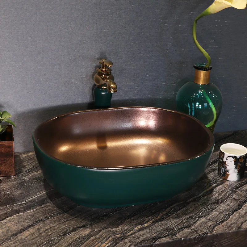 Modern Deep Green Golden Plated Simple Style Ceramic Wash Basin