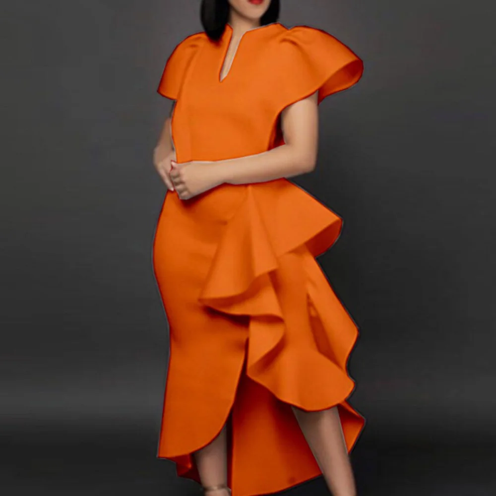 

Elegant Dress Women For Wedding Party Orange Ruffles Asymmetrical Bodycon High Waist Fashion Evening Night Vestidos Mujer 2024