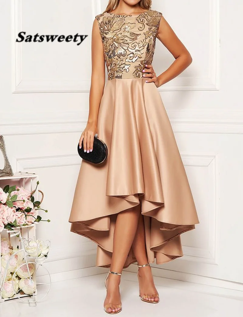 

Sequins Bodice High Low Homecoming Dress Satin Prom Dress Sequins Party Gown 8 Grade Graduation Dress HOT