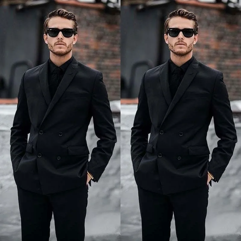 

Formal Handsome Black Men's Prom Suits Wedding Groom Business Work Wear Double Breasted Classic Fit Tuxedos 2PCS Jacket+Pants