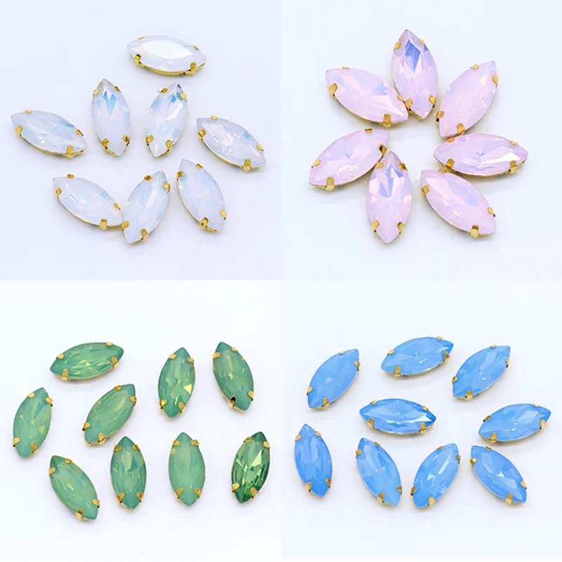 Fashion Opal Stones Navette Horse eye shape Glass Crystal Sew On Rhinestones With Golden  Claw  For Sewing Clothing wedding Diy