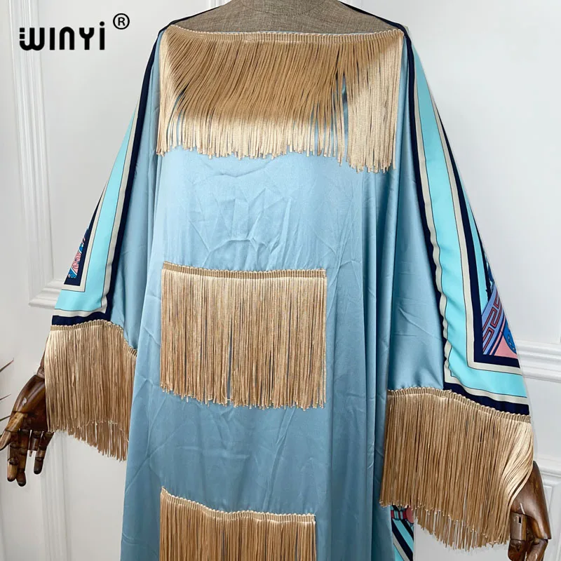 2021 WINYI abito boho africano colore matchi stampa boemia sciolto elegante musulmano Abaya Bazin Robe abiti Broder Riche nappe