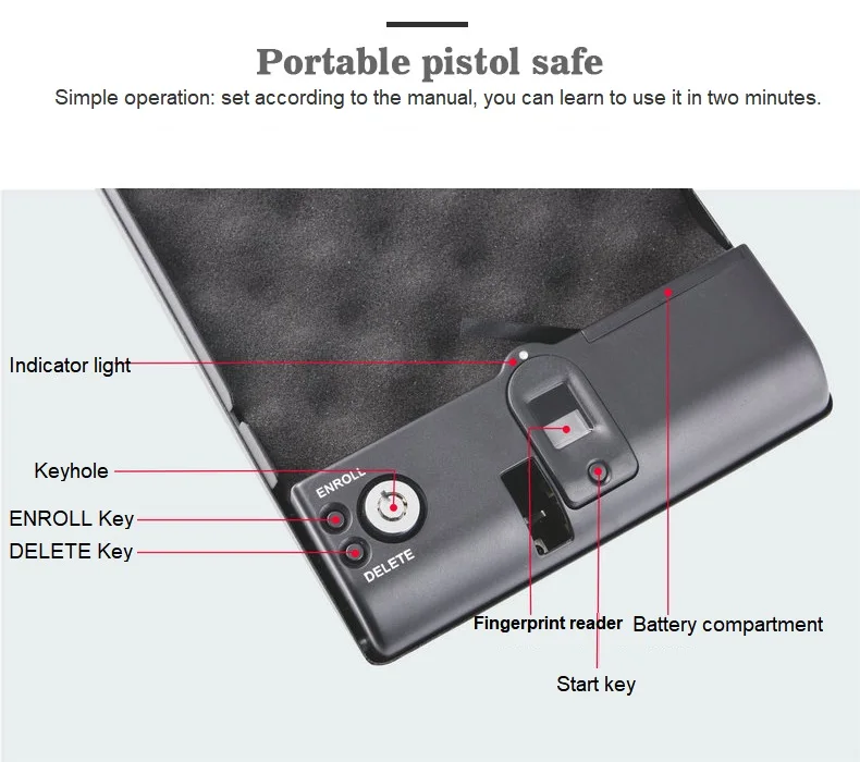 Biometryczny czytnik linii papilarnych sejf z litej stali pistolet bezpieczeństwa kluczowe cenne pudełko z biżuterią Protable Security biometryczny czytnik linii papilarnych