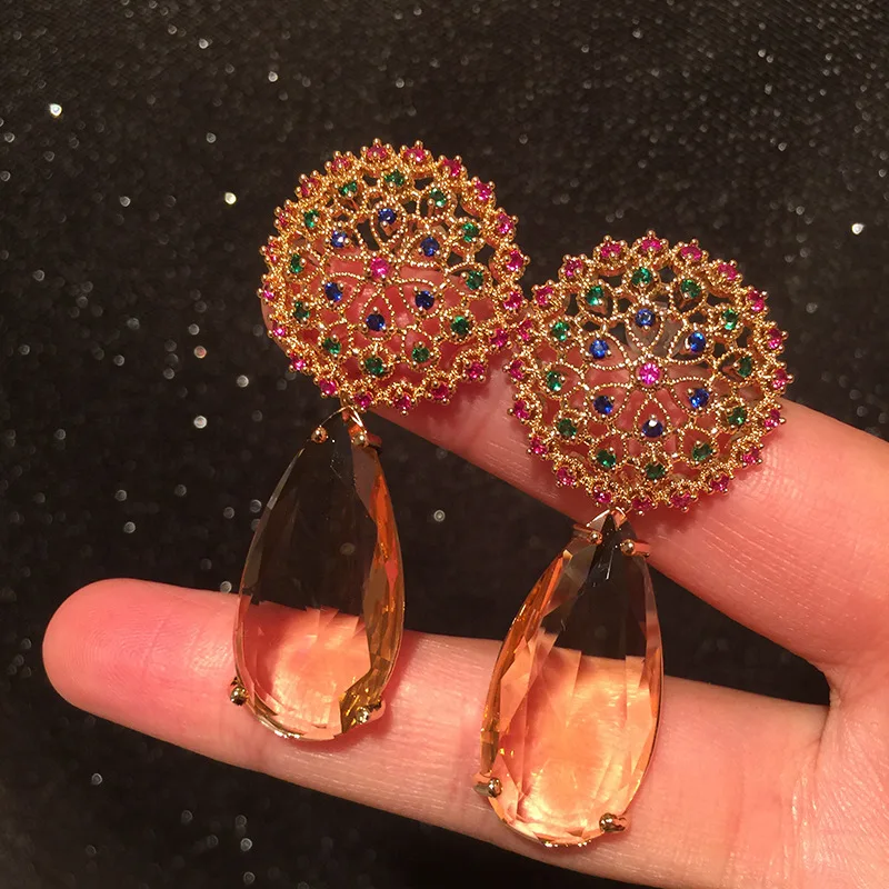 Bilincolor Fashion Blue Broken Cubic Zirconia Luxury Elegant Drop Bridal Earring for Women Vintgage Flower Wedding Jewelry