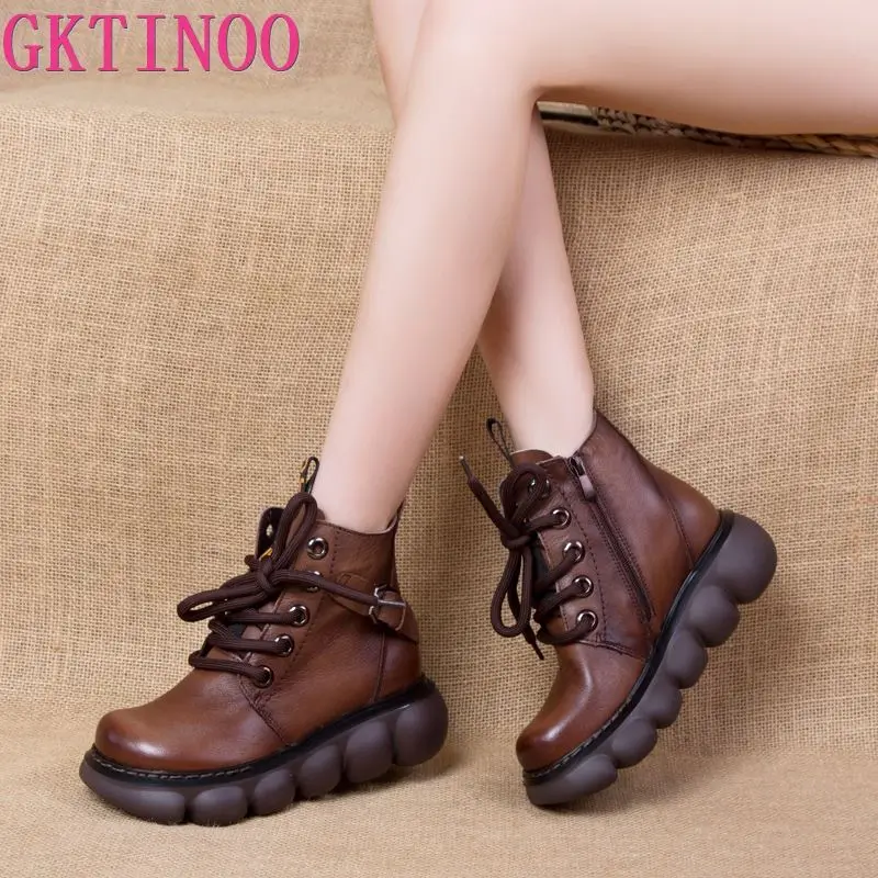 GKTINOO Shoes Women Boots Retro Genuine Leather 2024 New Autumn Winter Zip Round Toe Concise Handmade Leisure Ankle Boots