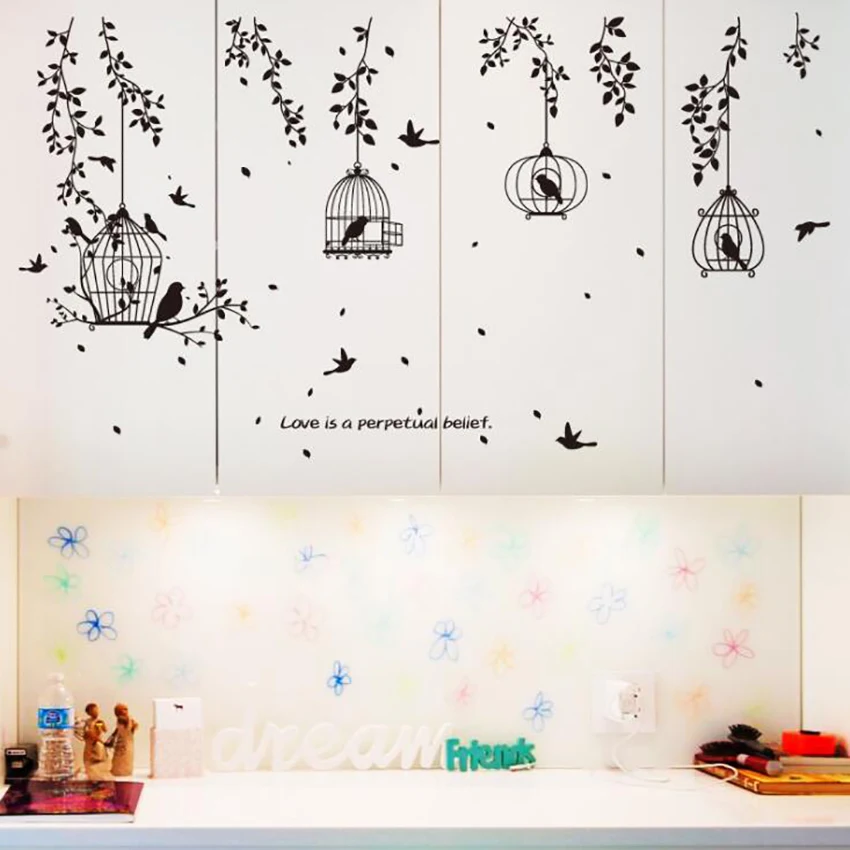 Black Garden Bird Cage Plants Tree Branch Wall Stickers Removable Living Room Wall Decals DIY Art Stickers Decoration 50x70cm