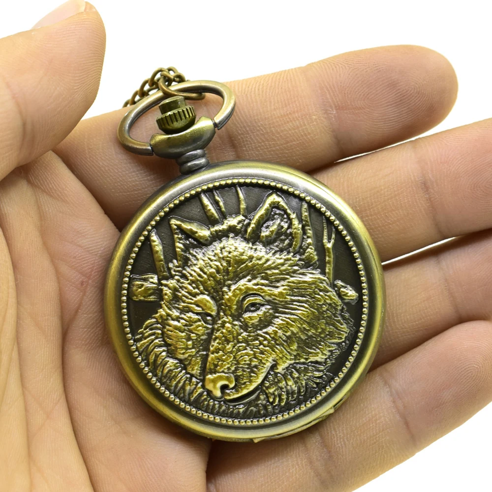 Cool Wolf Pocket Watch Vintage Retro Men Pocket Watch Emboss Round Bronze Alloy Quartz Dial Arabic Pocketwatch With chain