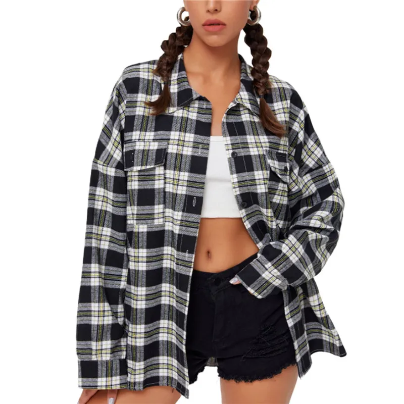 Plaid Shirts for Women Button Down Shacket Vintage y2k Shirt Coat Long Sleeve Lapel Oversized Casual Fall Jacket Tops Outwear