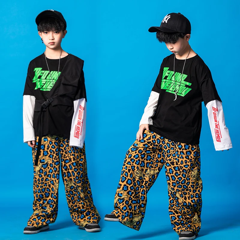 Kids Festival Cool Hip Hop Dancing Clothing Graphic Tee Vest Streetwear Leopard Pants for Girls Boy Jazz Dance Costume Clothe