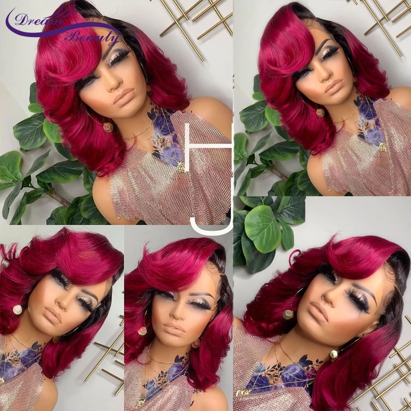 

Rose Red Brazilian Human Hair Wigs for Women Short Bob Wavy 13x4 Lace Front Wigs 180% Density Glueless Lace Wigs