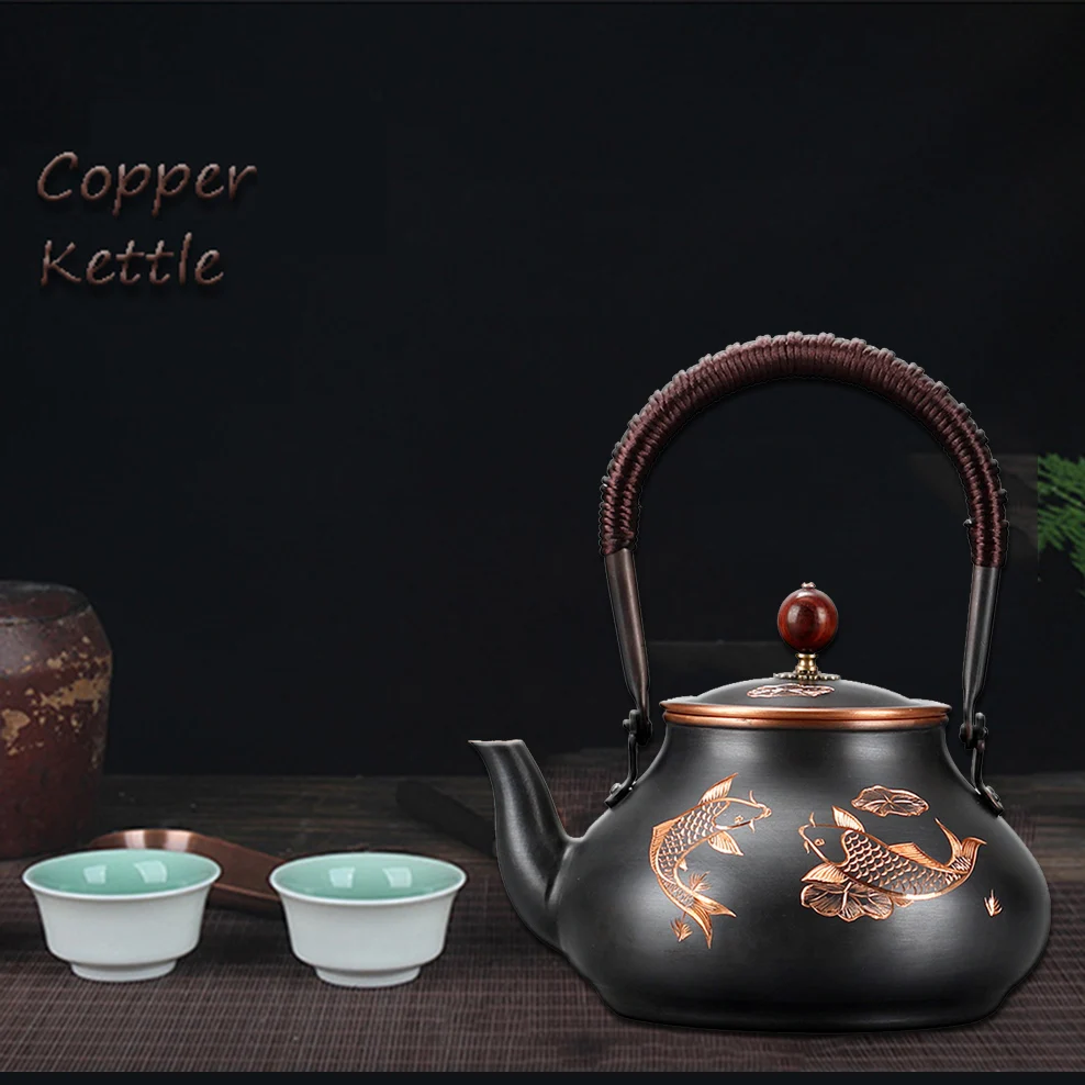 1300ML Red Copper Teapot Uncoated Roasted Black Pure Copper Boiling Water Kettle Retro Style Kung Fu Tea Set