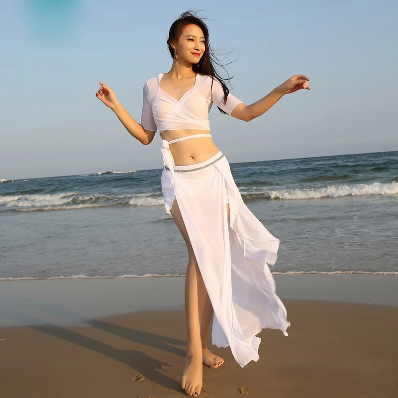 Belly Dance Practice Clothes New Summer Color Blocking Cotton Training Outfits Top Skirt Indian Oriental Dancing Perforamnce Set