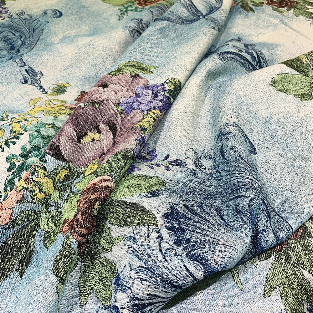 Fashion Vintage Fabric French Floral Blue Tone Curtain Drapery Sofa Armchair Upholstery Home Decorative Cloth 280cm 1 Meter Pack