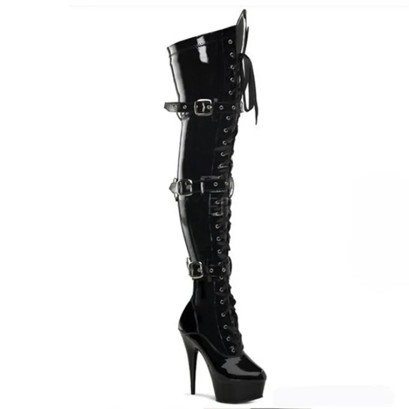 Neue stil frauen stiefel aus echtem super star 15CM stiletto strap gürtel schnalle über das knie stiefel mode Pol dance leder stiefel