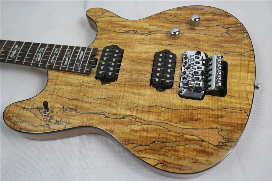 

Natural guitar,urlywood top,basswood body spalted maple veneer,tremolo bridge,shell inlay,HH pickups,rosewood fingerboard