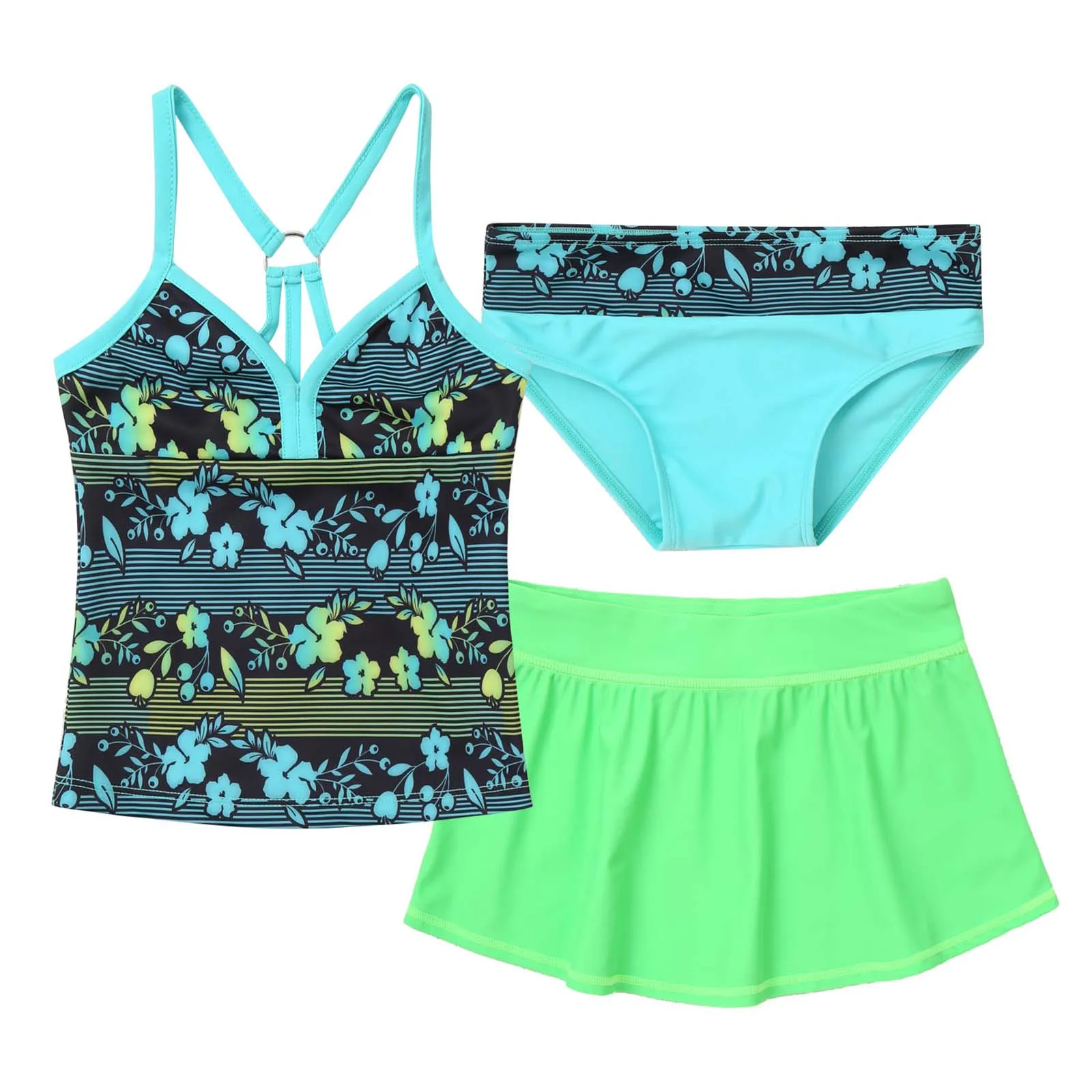 TiaoBug Summer 3Pcs Kid Girls Floral Print Swimsuit V Neck Straps Sleeveless Top With Skirt And Briefs Set Beach Pool Swimwear