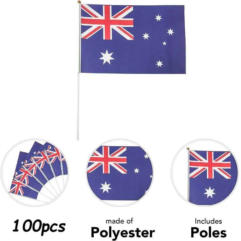 ZXZ 100pcs  Australia hand waving Flag 14*21cm Polyester Double Side Printing AU Australia Hand Flag with plastic flagpole