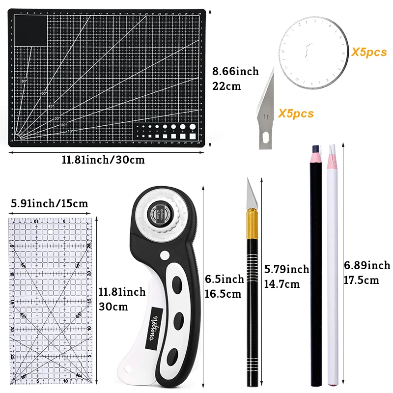 KAOBUY 16Pcs Rotary Cutter Set Fabric Rotary Cutter Carving Knife Patchwork Ruler A4 Cutting Mat For Leather Cutting Tool
