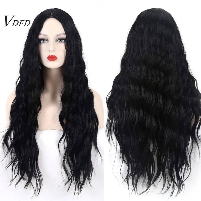 

VDFD Long Curly Black Wig Synthetic Hair Brown Party Cosplay Wavy Middle Part for Black Women Daily