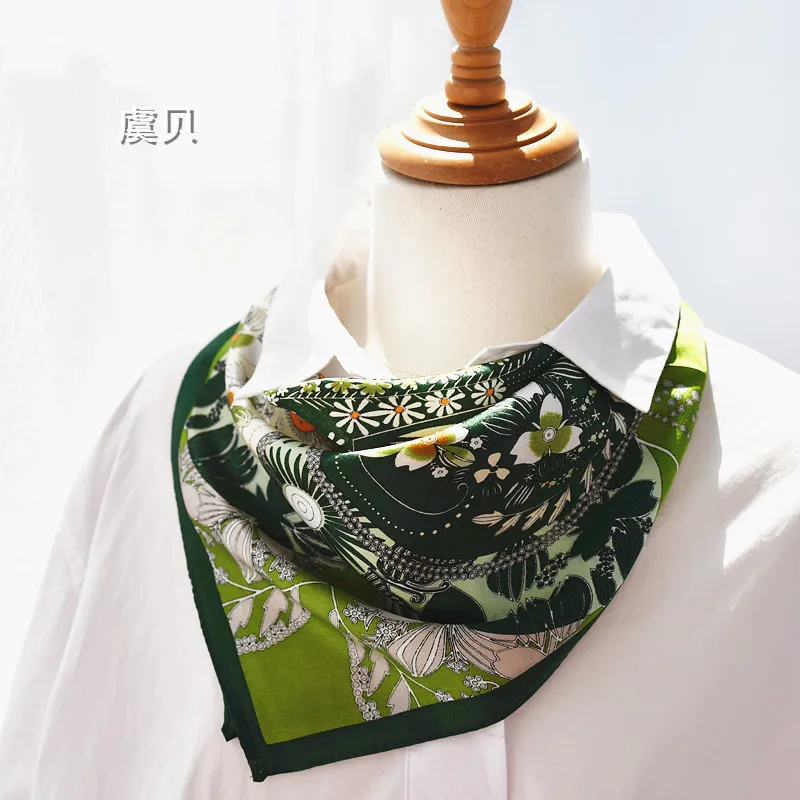 Grass green natural silk scarf for women printed with leaves 100% real silk scarves small 50cm square handkerchief gift for lady