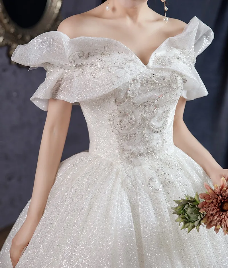 Lệch Vai Váy Cưới Ngọt Xù Bầu Phối Ren Sang Trọng Hạt Áo Dài Cô Dâu Đầm Vestido De Noiva Plus Kích Thước Áo Dây de Mariee