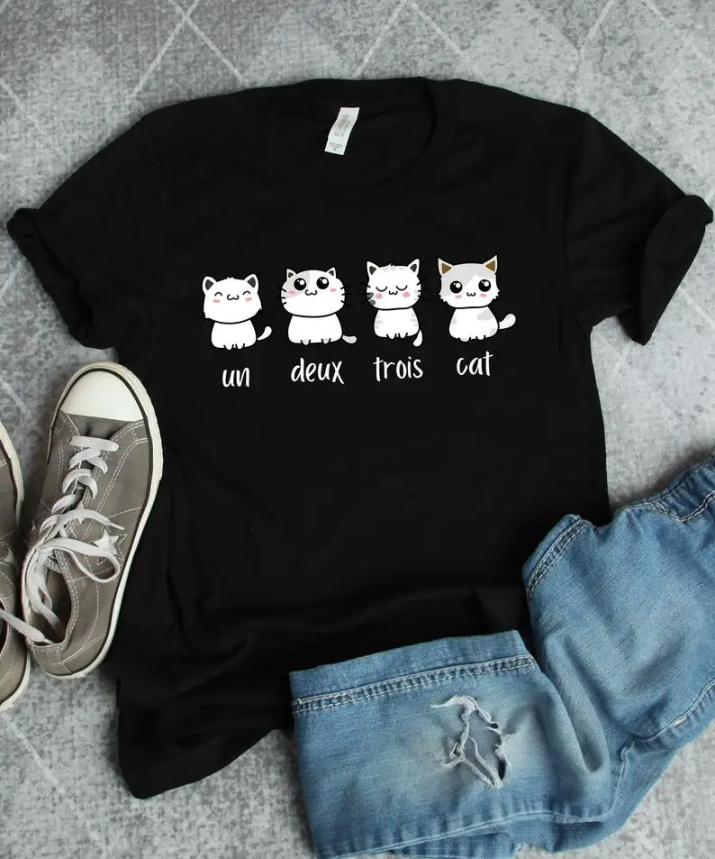 Un Deux Trois Cat T-Shirt Mother Plus Size Letters Women shirts  100% Cotton Kawaii O Neck Kawaii  Short Sleeve Top Tees Girls