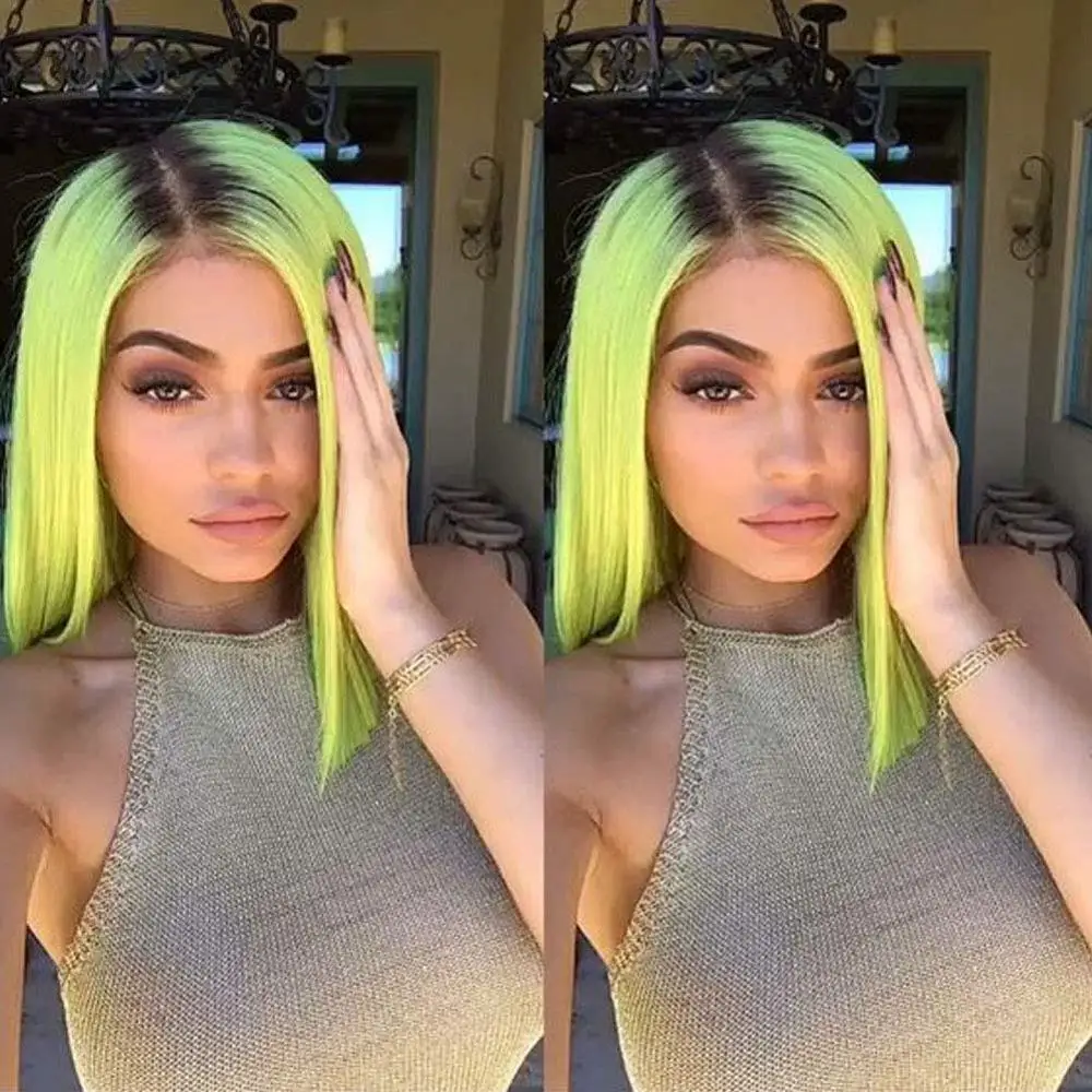 

Ombre Neon Green Lace Front Wigs for Women Synthetic Fluorescent Short Bob Wig Cosplay Drag Queen Shoulder Length Hair