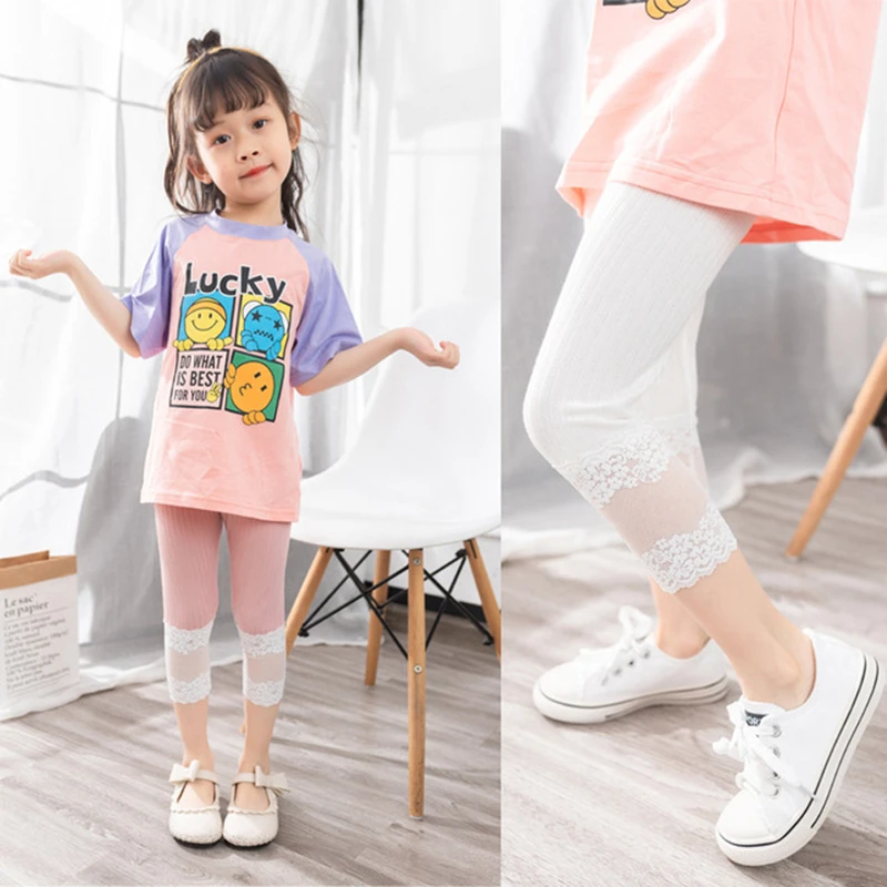 Girls Thin Leggings Summer Baby Girl Lace Cropped Pants 2-9 Years Old Children Modal Trousers All-matches Bottoms Kids Clothes