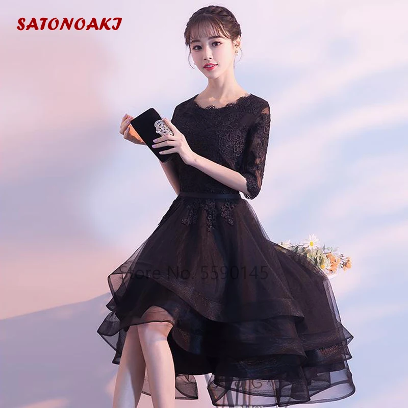 Customized Elegant Black Lace Short High/Low Wedding Dress for Bride Half Sleeves A-Line Party Bridal Gown Vestidos De Novia