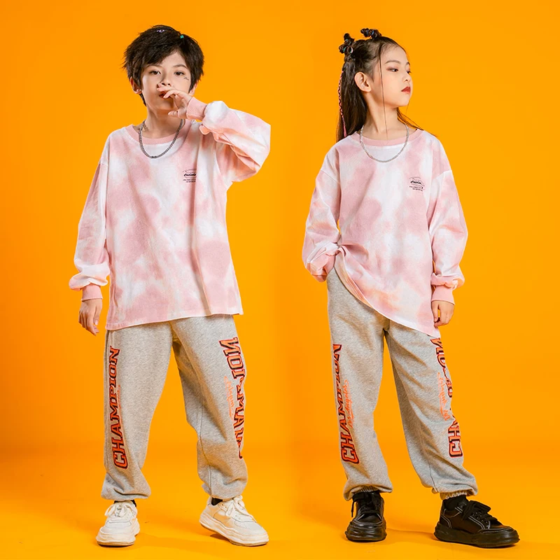 Kids Kpop Dancing Clothing Tie Dye Sweatshirt Tops Streetwear Jogger Pants For Girls Boys HIP HOP Jazz Dance Costume Clothes