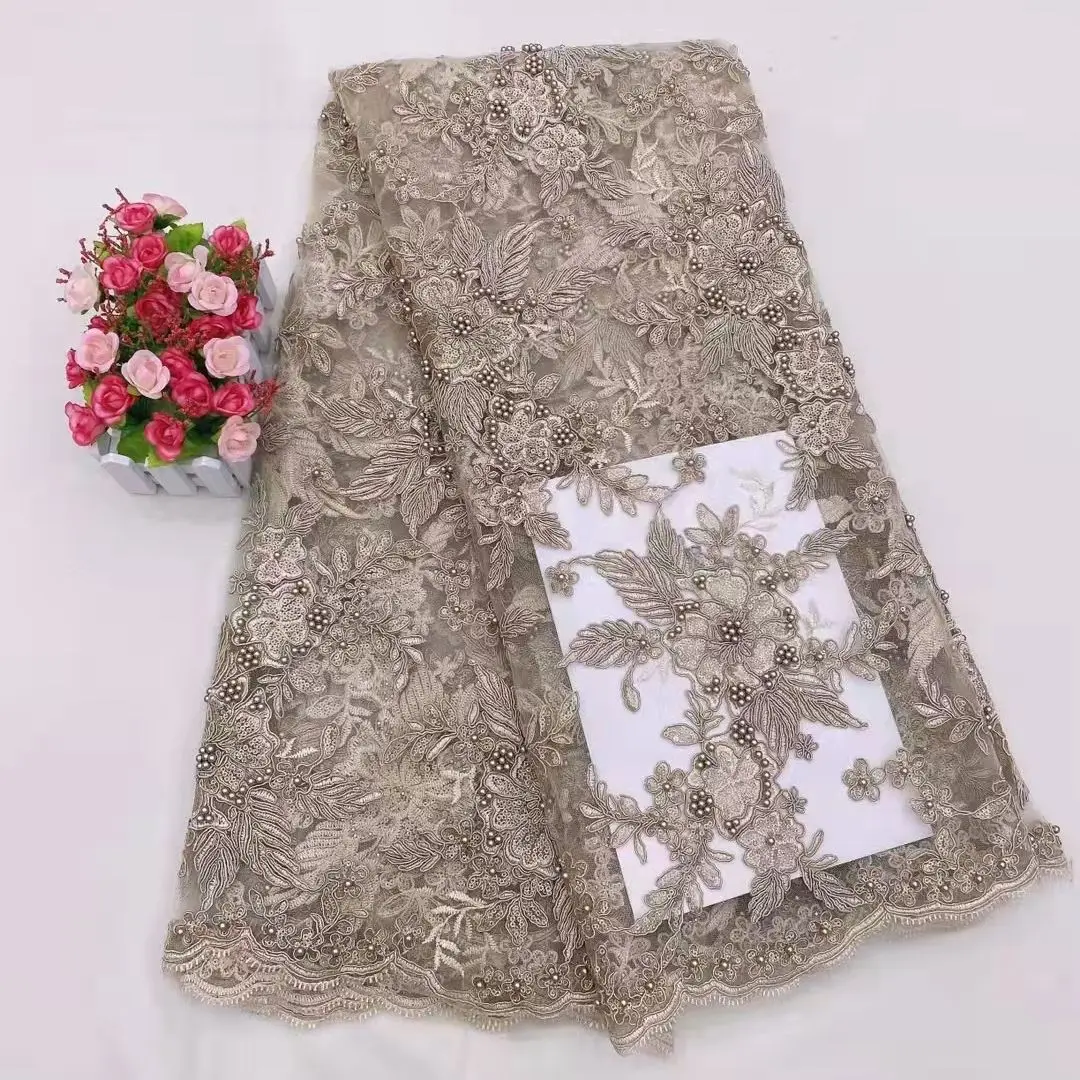 Luxury French Embroidery Lace Fabric 2021 High Quality Lace Swiss,African Latest Beaded Lace Fabric 5 Yards For Wedding Dress