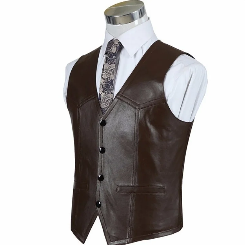 

Shipping Free Autumn Winter Black Brown Red Genuine Leather Vest 100% Sheepskin Leather Jacket Men Waistcoat Slim Business Coat