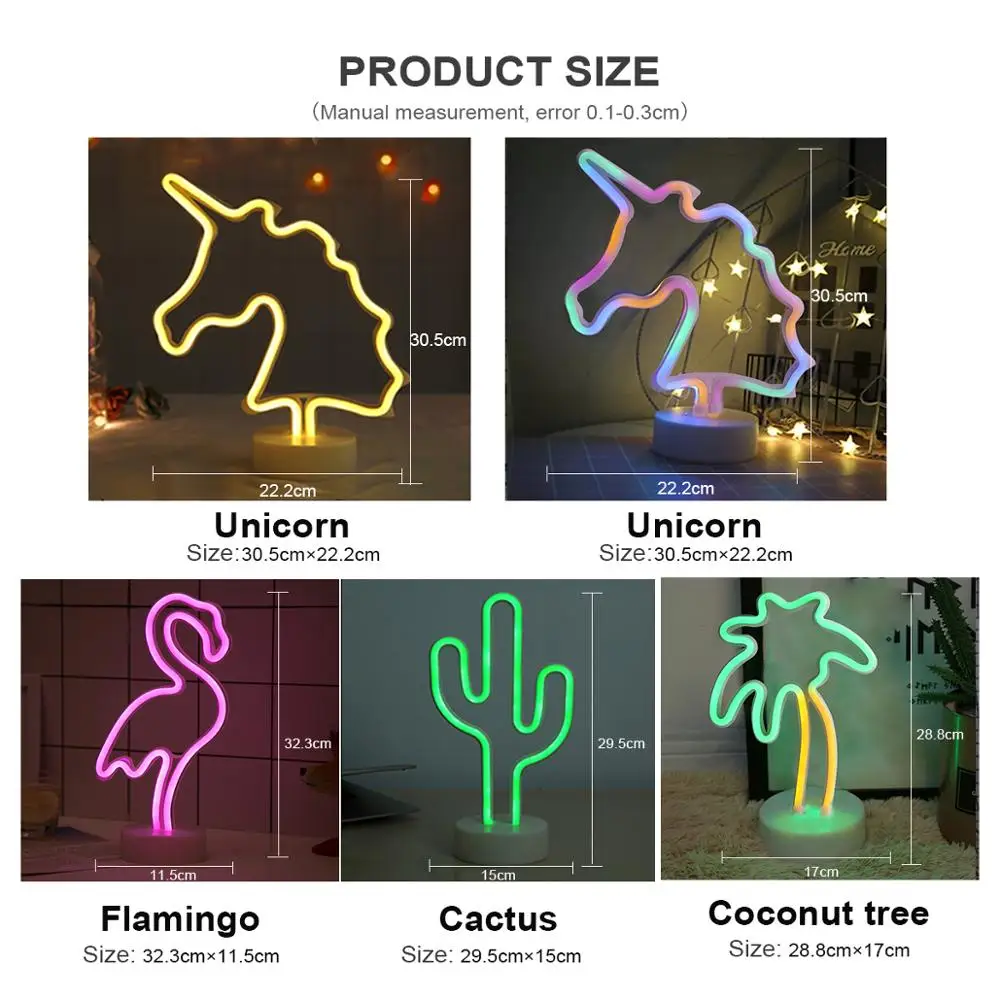 Battery/USB LED Neon Night Light Sign Flamingo Unicorn Coconut Tree Cactus Pineapple Table Lamp Kids Bedroom Christmas Art Decor