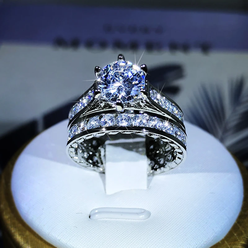 925 Zilveren Luxe Engagement Ringen Voor Vrouwen 2 Stks/set Glanzend Zirkoon Novel Ontwerp Twee Tone Elegante Vrouwelijke Sieraden Ringen Dropship