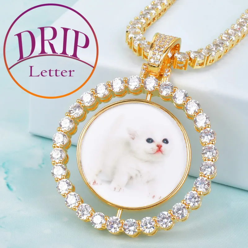 

Drip Letter Custom Photo Necklace for Men Rotating Double-Sided Pendant Charms Hip Hop Real Gold Plated Fashion Jewelry